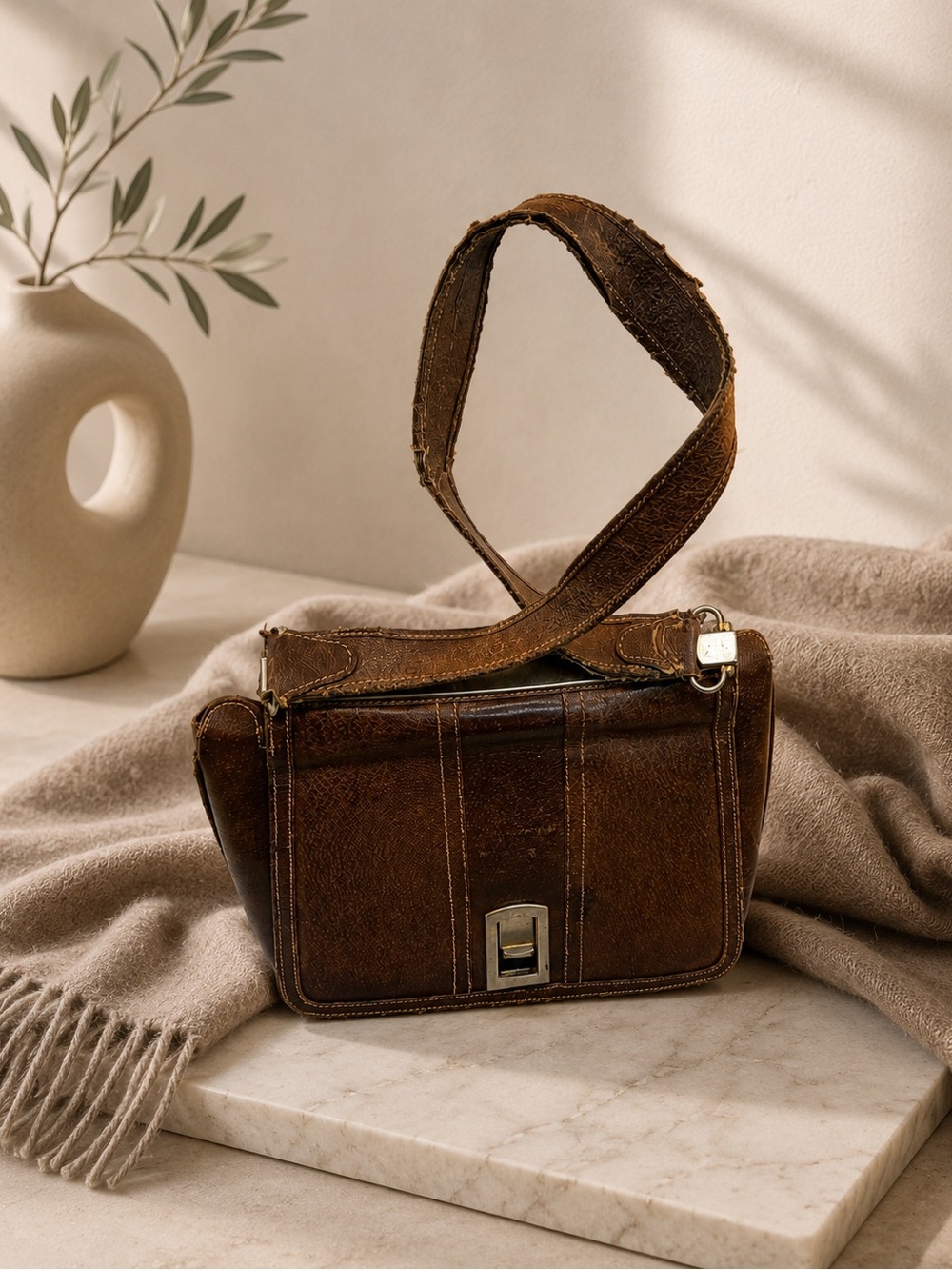 Gucci Vintage Canvas & Brown Leather Shoulder Tote Bag - Imperfect Bag 👀 - Picture 5 of 15